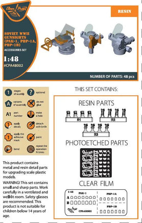 Clear Prop A48002 instruction sheet showing assembly diagrams and placement guide for Soviet WWII gunsights PAK-1 PBP-1A PBP-1B in 1/48 scale
