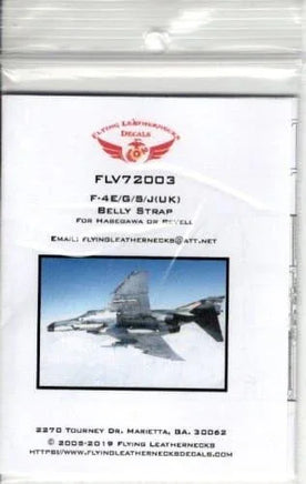 Packaging of Flying Leathernecks decals for F-4E/F/G/J/K/U/KI belly strap on a white background.