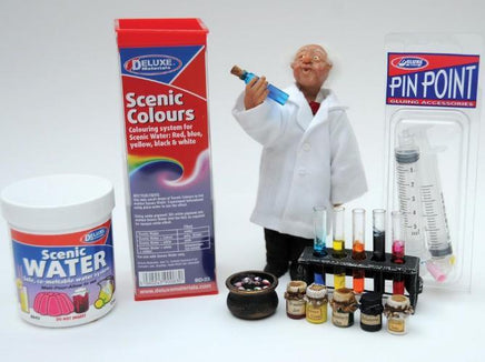Model of a scientist with scenic water and color packaging on a white background
