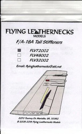 Packaging for F/A-18A Tail Stiffeners by Flying Leathernecks Models with model numbers and contact information.