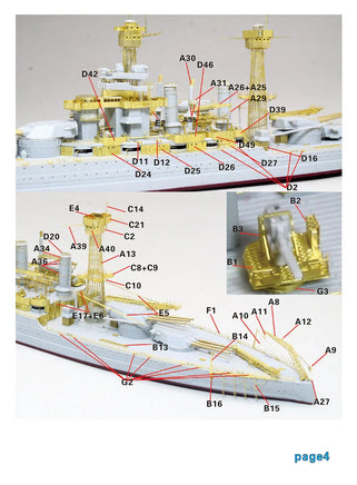 Model of a ship with labeled parts on a white background