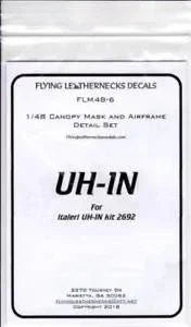 1/48 scale Flying Leathernecks UH-1N Huey canopy mask aftermarket masking set for Italeri kit showing precision-cut vinyl masks for clear canopy parts
