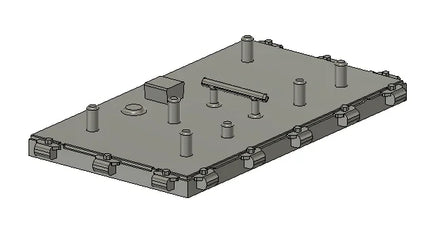 3D model of a metal plate with cylindrical protrusions on a white background