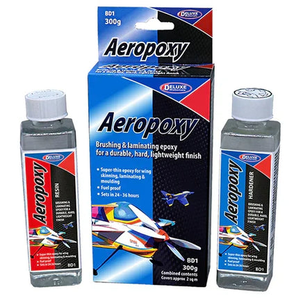 Aeropoxy resin and hardener bottles with packaging on a white background