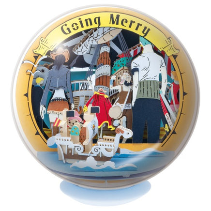 Decorative sphere with a ship and people illustration on a white background