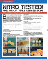 Article page about fuel proof trials with Eze Dope, featuring text and images of a test setup.