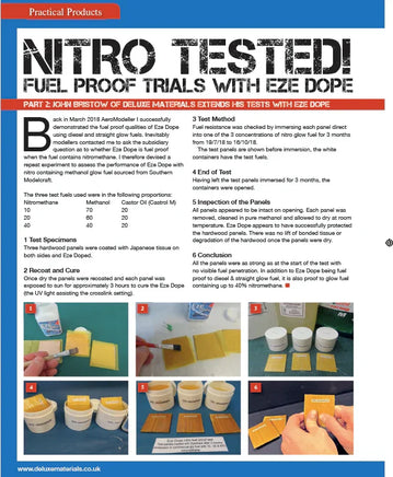 Article page about fuel proof trials with Eze Dope, featuring text and images of a test setup.