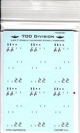 1/72 Flying Leathernecks LAU-7 missile launcher stencil data decal sheet showing Microscale-printed water slide markings for twelve launchers with safety warnings and technical specifications
