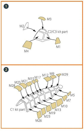 Detailed view of Clear Prop A72062 self-adhesive paint masks showing precision-cut shapes for 1/72 Aichi M6A1 Seiran Tamiya kit
