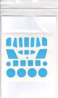 Blue geometric shapes on a white card with a clear plastic cover