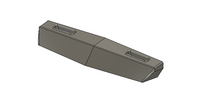 Gray rectangular object with two circular indentations on a white background
