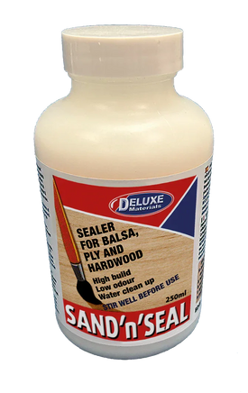 Bottle of Sand 'n' Seal sealer for balsa, ply, and hardwood with a visible label on a white background.