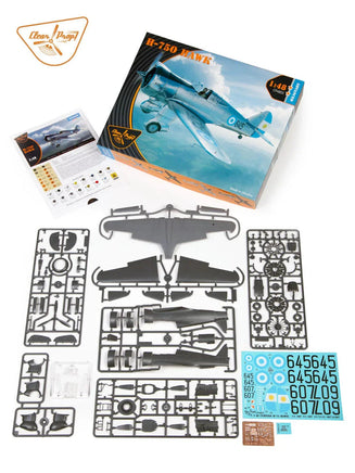 Clear Prop H-75O Hawk model kit 4803 instruction sheet preview displaying detailed assembly diagrams, parts layout, and multiple authentic paint scheme options for builders
