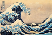 Famous artwork of a large wave with Mount Fuji in the background