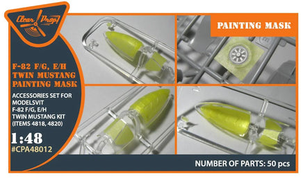 Clear Prop CPA48012 paint mask set packaging showing precision-cut masking film sheets for 1/48 F-82 Twin Mustang canopy and detail areas
