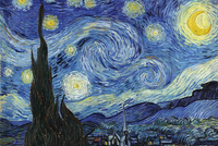 Famous painting of a starry night sky with swirling patterns and illuminated stars.