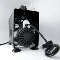 Black industrial fan with power cord on a white background