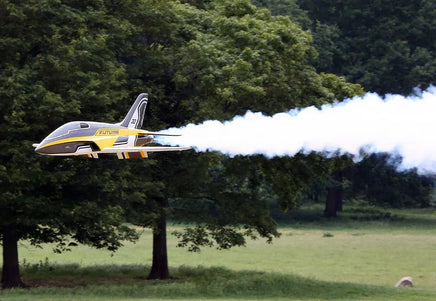 Model airplane emitting smoke against a backdrop of trees and open field
