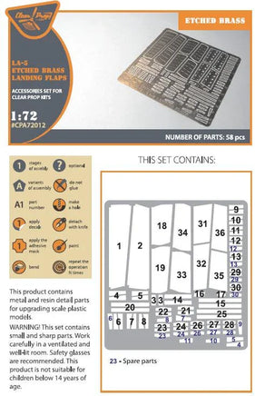 Close-up view of Clear Prop A72012 photo-etch fret displaying landing flap components hinge details and structural elements for 1/72 La-5 aircraft

