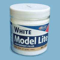 Jar of White Model Lite lightweight filler with a blue background