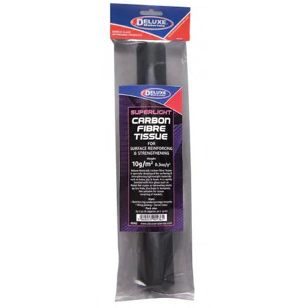 Packaged carbon fiber tissue with Deluxe brand label on a white background