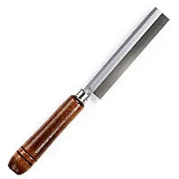 Wooden-handled chisel with metal blade on a white background