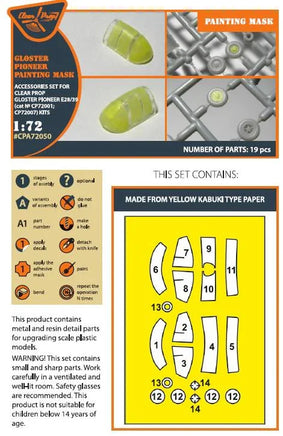 Close-up view of Clear Prop A72050 die-cut paint mask sheet displaying canopy and window masks for 1/72 Gloster E.28/39 experimental jet aircraft
