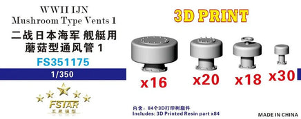 Model kit packaging for WWII Japanese Navy 'Mushroom Type Vents 1' with 3D printed parts on a white background.