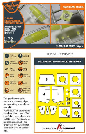 Close-up view of Clear Prop A72032 die-cut paint mask sheet displaying bubble canopy and window masks for 1/72 F-104G Starfighter
