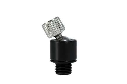 Black and silver valve stem cap on a white background