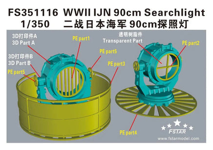 Model kit of WWII IJN 90cm Searchlight with labeled parts on a gray background