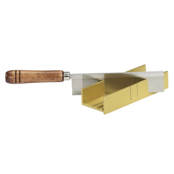 Metal tool with wooden handle and gold-colored metal component on a white background