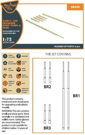 Close-up view of precision-turned brass gun barrels and pitot tube accessories from Clear Prop A72040 set for 1/72 scale Douglas Skyshark aircraft detailing
