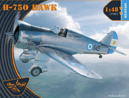 Clear Prop 1/48 scale H-75O Hawk Fighter model kit 4803 box art showing silver Curtiss export fighter aircraft with colorful squadron markings in flight over terrain
