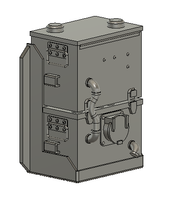 Gray industrial machine with various components on a white background