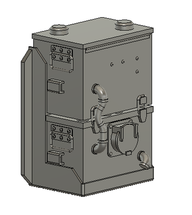 Gray industrial machine with various components on a white background