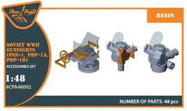 Clear Prop 1/48 WWII Soviet gun sights photo-etch and resin detail set showing PAK-1 PBP-1A PBP-1B gunsight components part number A48002
