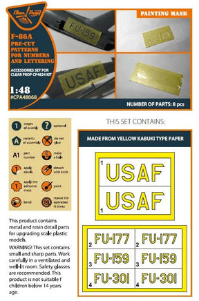 1/48 Clear Prop F-86A Pre-Cut Patterns for Numbers and Lettering Painting Mask 48068