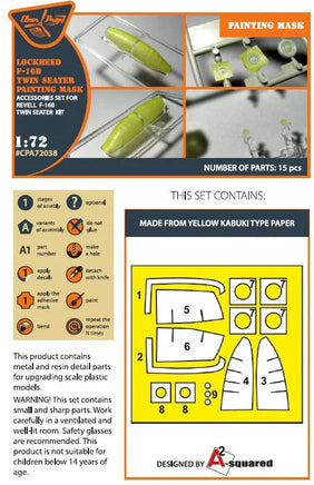 Close-up view of Clear Prop A72038 die-cut paint mask sheet displaying tandem cockpit canopy and window masks for 1/72 F-16B/D twin seater
