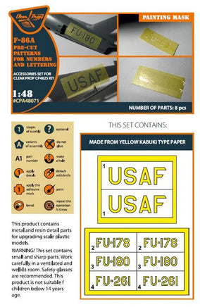 1/48 Clear Prop F-86A Pre-Cut Patterns for Numbers and Lettering Painting Mask (CP4825) A48071