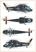 Detailed view of technical stencil decals from Clear Prop D72001 set showing authentic U.S. Navy markings for 1/72 scale UH-2 SH-2-2 Seasprite helicopter
