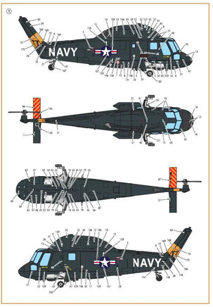 Detailed view of technical stencil decals from Clear Prop D72001 set showing authentic U.S. Navy markings for 1/72 scale UH-2 SH-2-2 Seasprite helicopter
