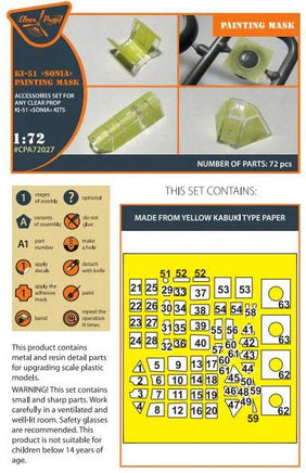 Close-up view of Clear Prop A72027 die-cut paint mask sheet displaying greenhouse-style canopy and window masks for 1/72 Ki-51 Sonia aircraft
