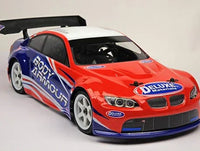Model race car with visible branding on a gray background