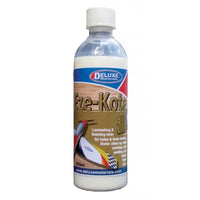 Bottle of Deluxe Materials Eze-Kote laminating and finishing resin on a white background