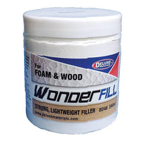 Container of Wonder Fill filler for foam and wood with Deluxe Materials branding.