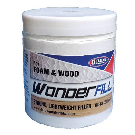 Container of Wonder Fill filler for foam and wood with Deluxe Materials branding.