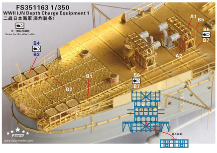 Model of WWII Japanese Navy depth charge equipment with labeled parts on a white background