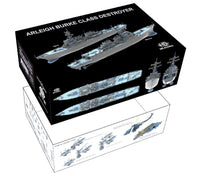 Model kit packaging for Arleigh Burke Class Destroyer with ship illustrations on a white background