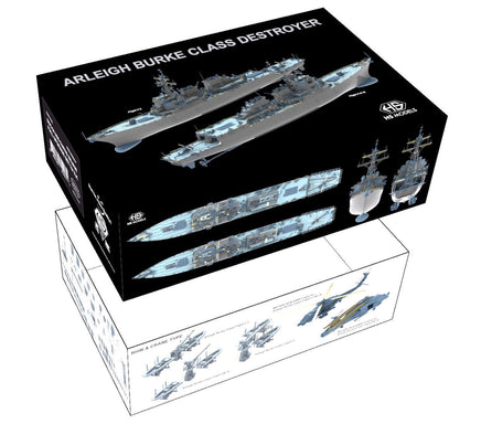Model kit packaging for Arleigh Burke Class Destroyer with ship illustrations on a white background